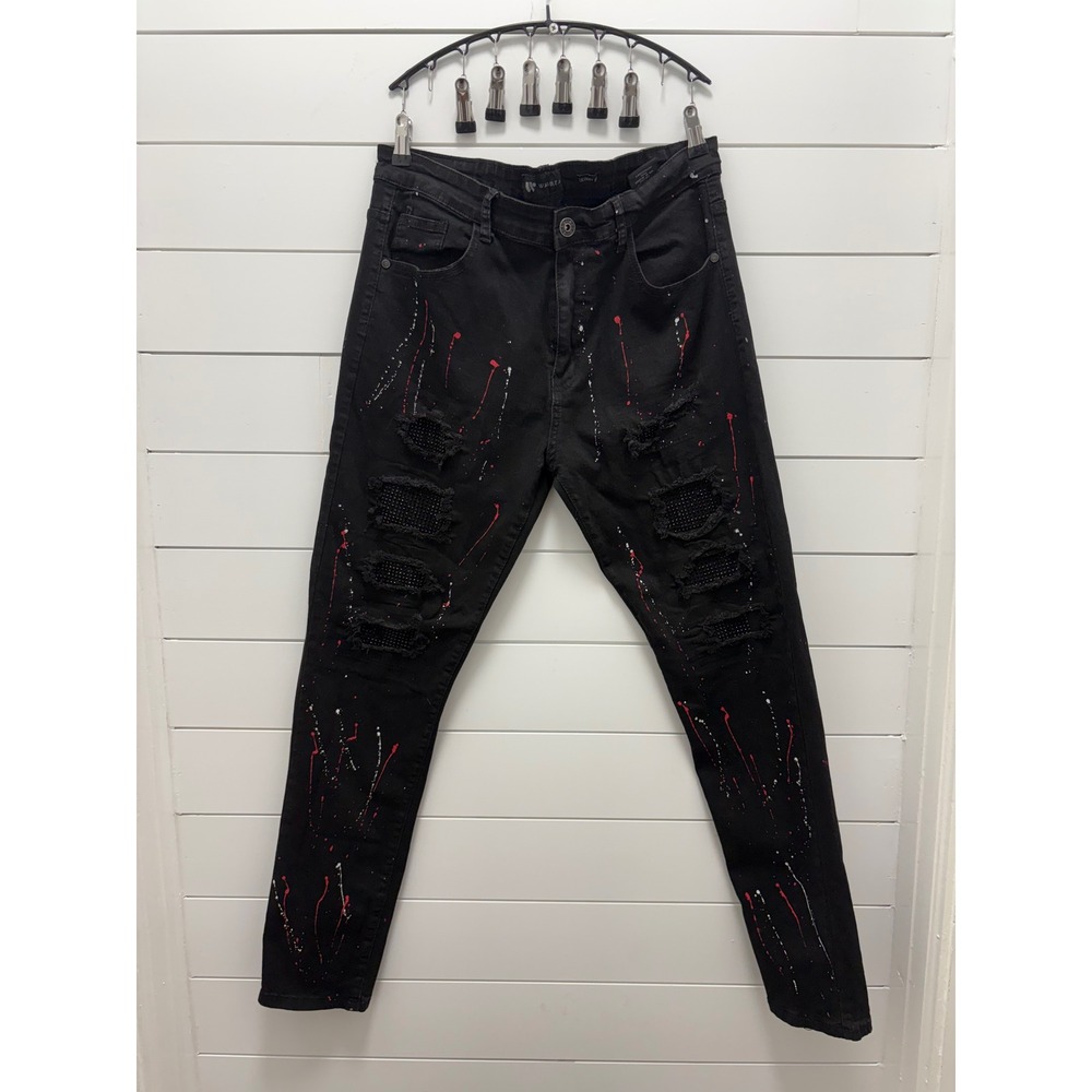 Waimea Mens Skinny Distressed Jeans Black Paint Splatter Ripped Mesh Size 36